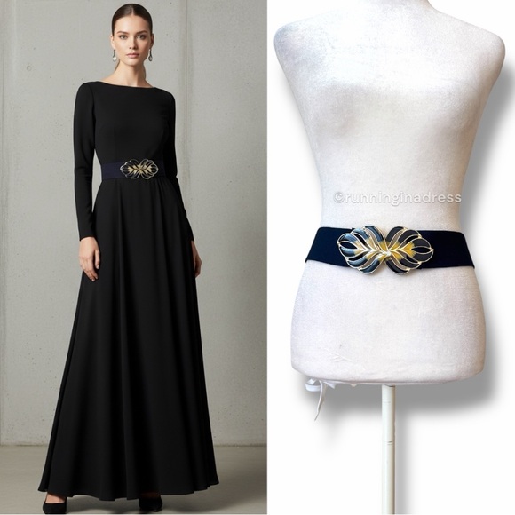 Vintage 80s Enamel Leaf Elastic Stretch Belt Navy Blue & Yellow Made in Korea